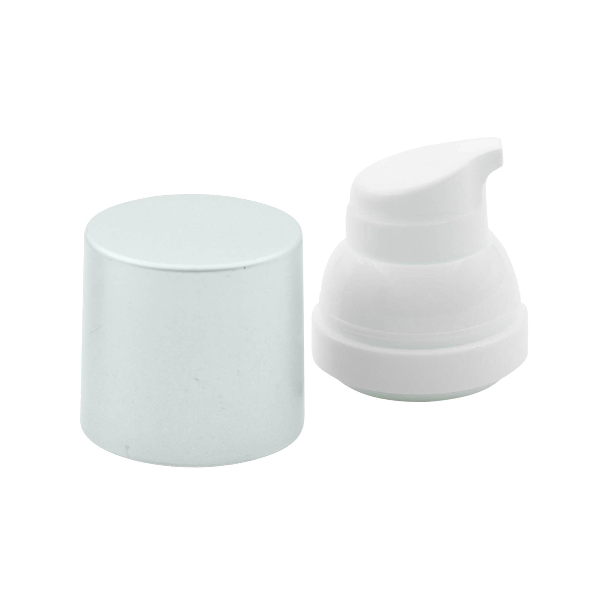 Airless dispenser pump head "Mezzo", type D, white PP plastic with matte silver-metallic cap
