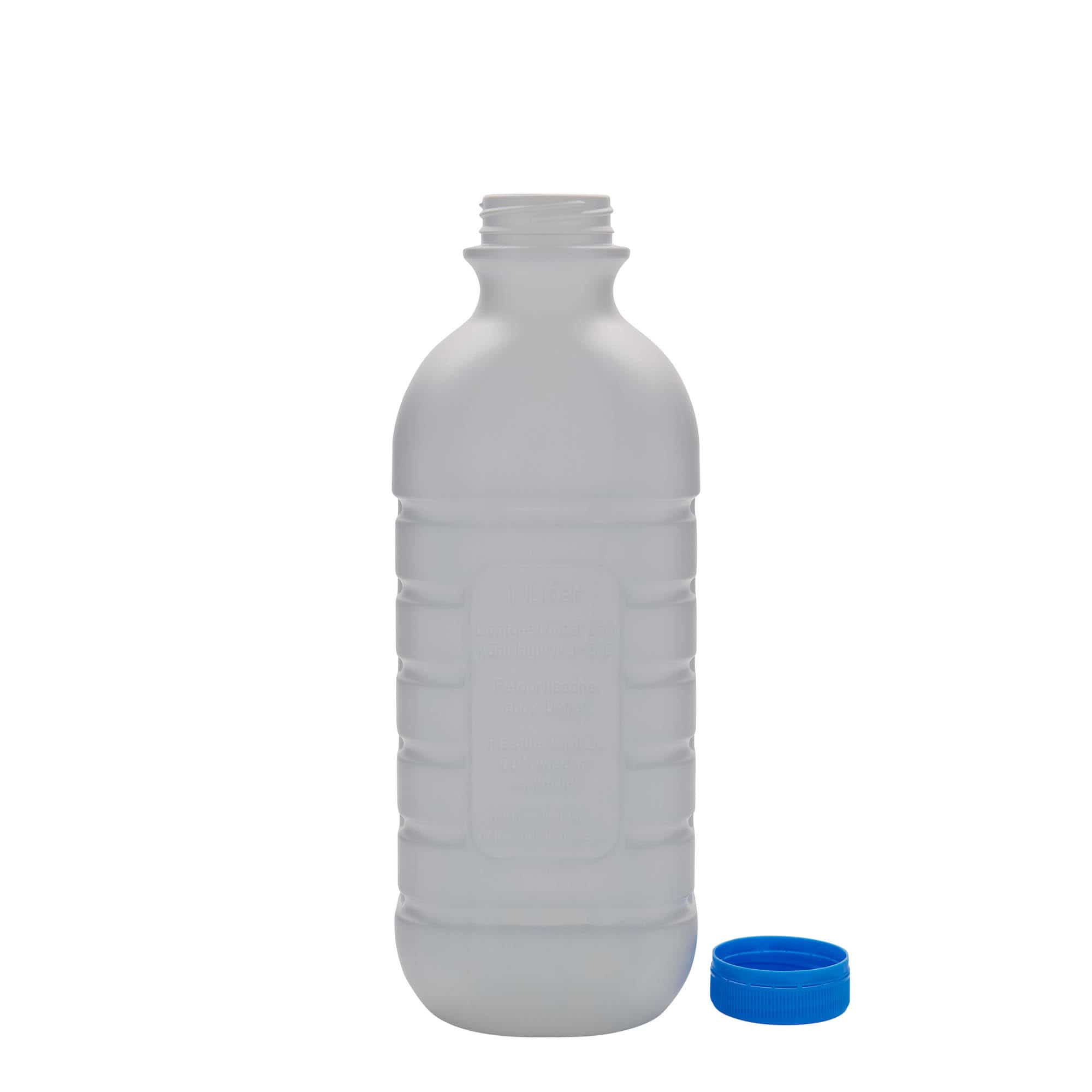 1,000 ml milk bottle, rectangular, HDPE plastic, white, closure: PEHD40