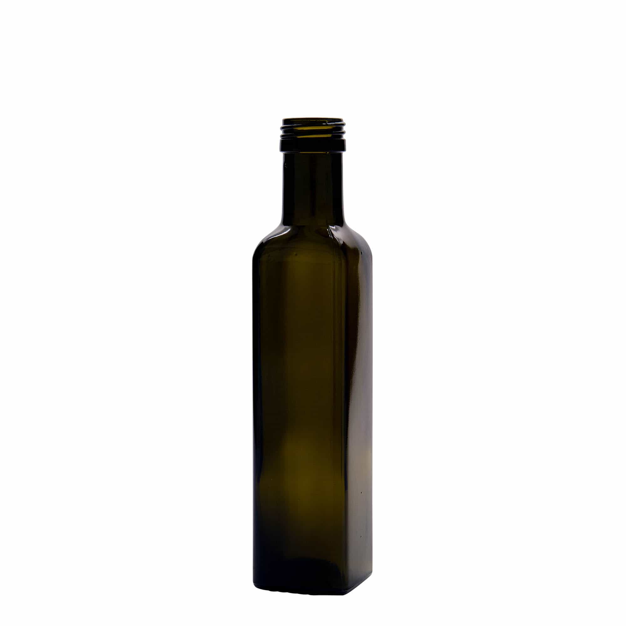 250 ml glass bottle 'Marasca', square, antique green, opening: PP 31.5