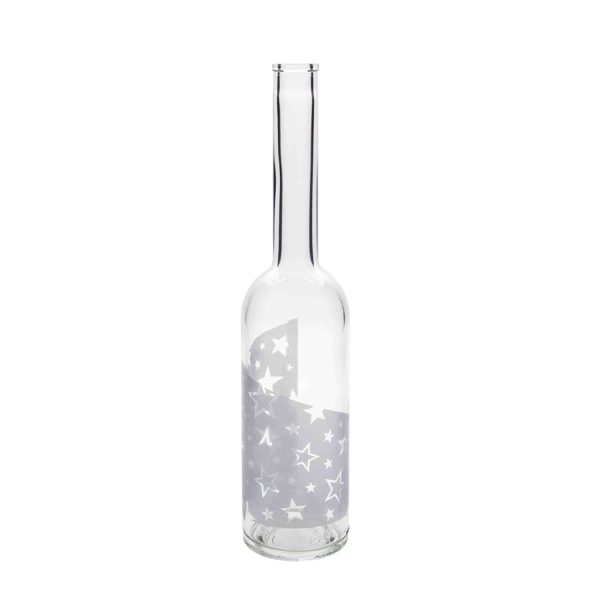 500 ml glass bottle 'Opera', design: silver stars, opening: cork