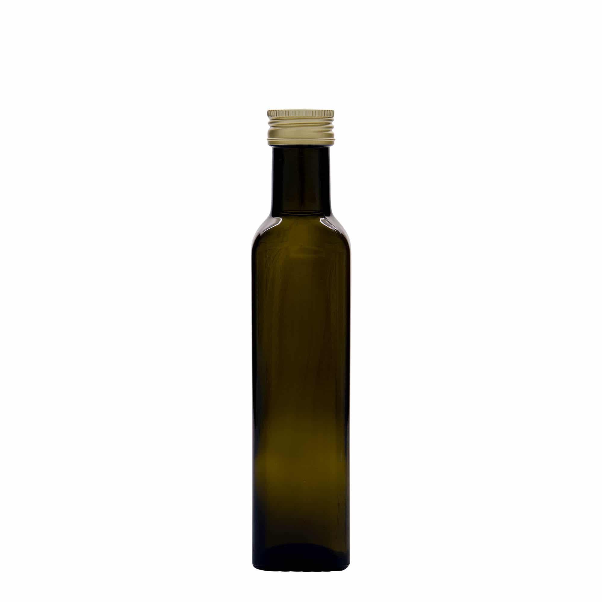 250 ml glass bottle 'Marasca', square, antique green, closure: PP 31.5
