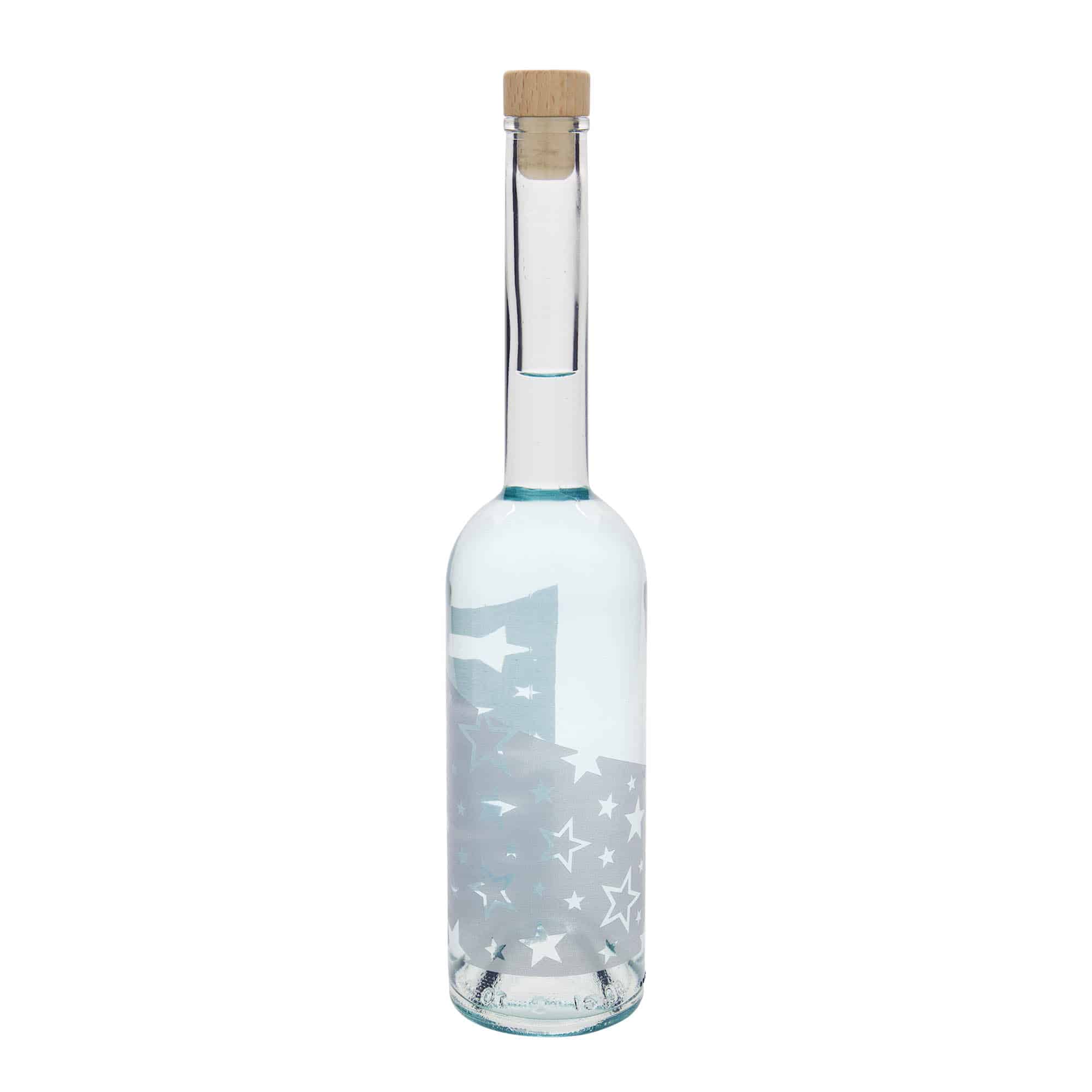 500 ml glass bottle ‘Opera’, design: silver stars, opening: cork