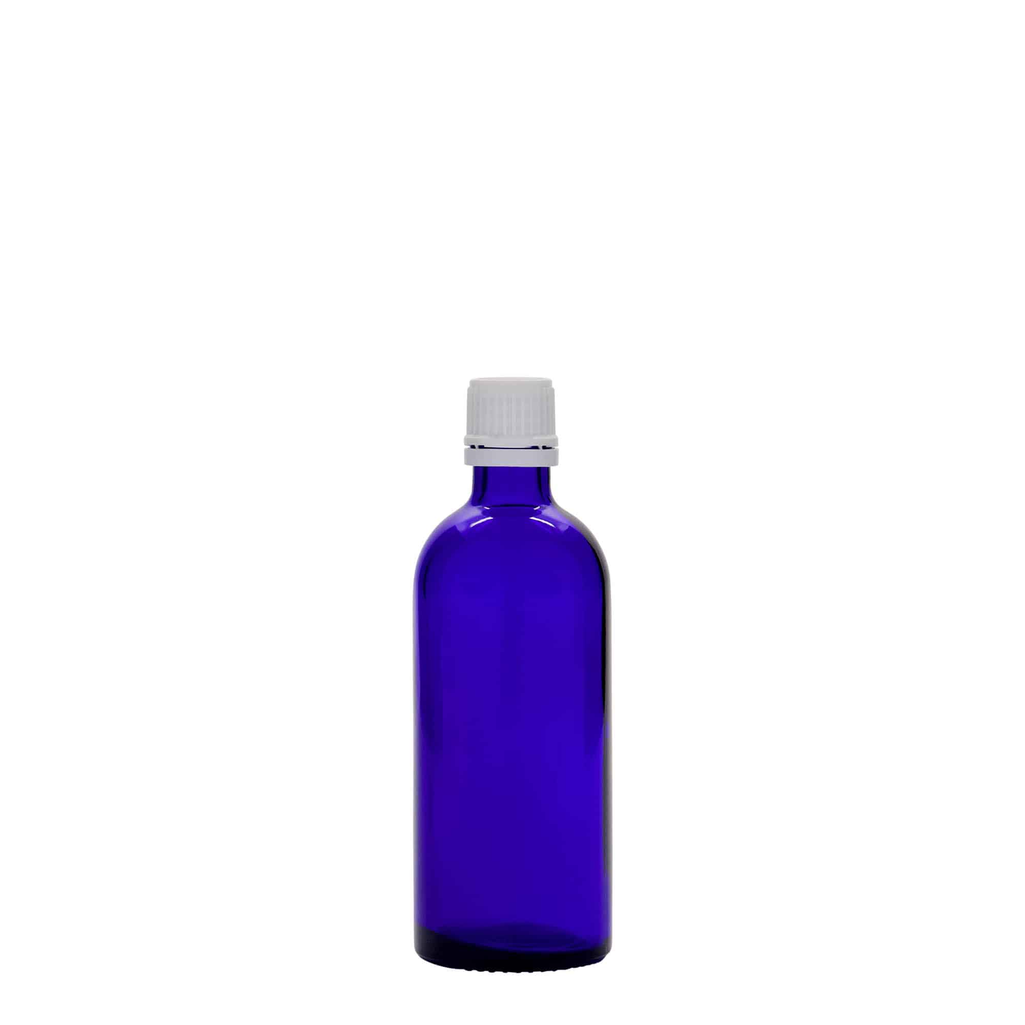 100 ml medical bottle, glass, royal blue, opening: DIN 18