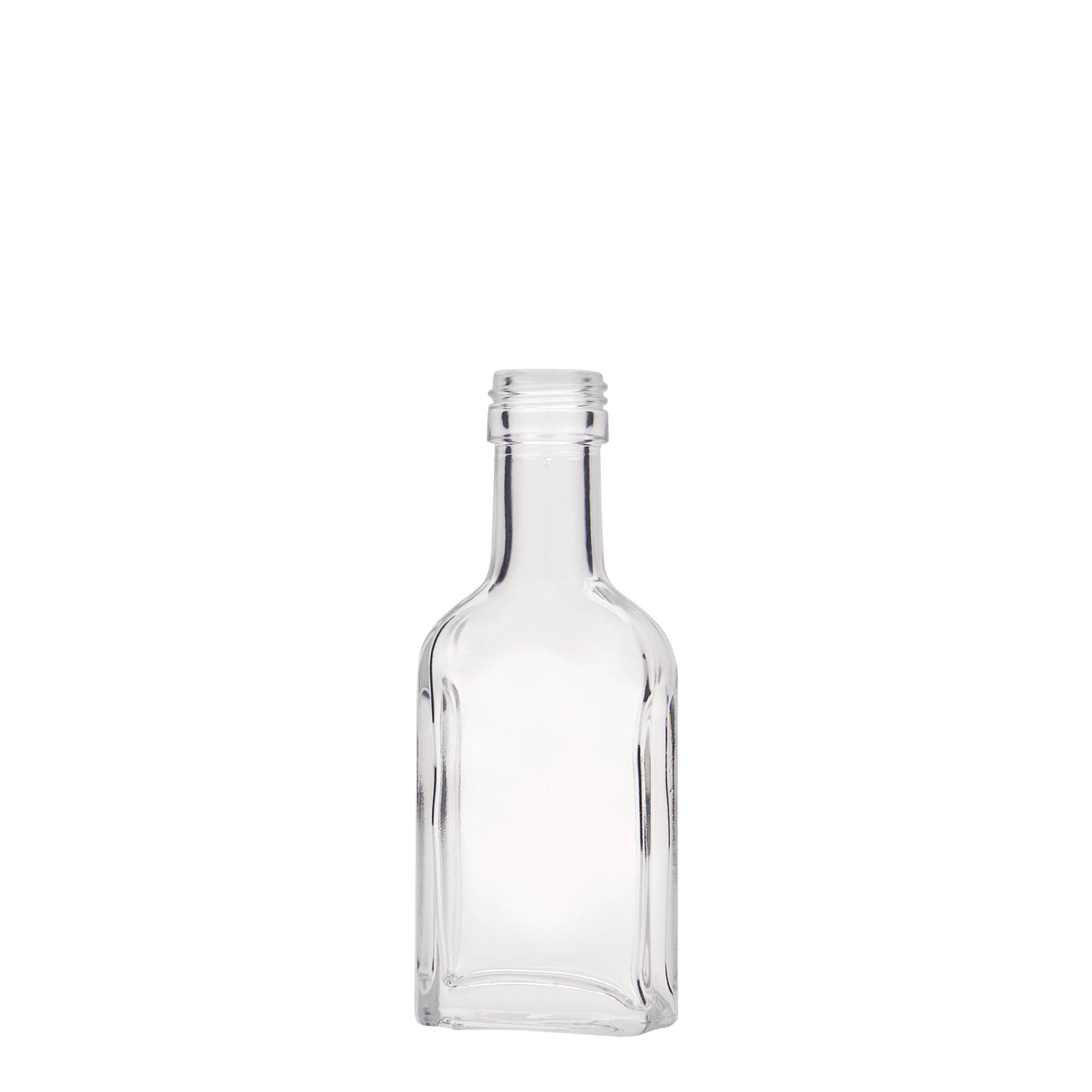 40 ml pocket bottle long neck, rectangular, glass, opening: PP 22