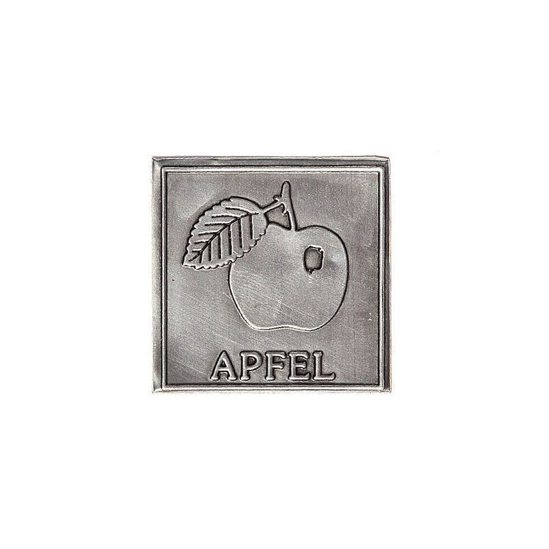 Tin label ‘Apple’, square, metal, silver