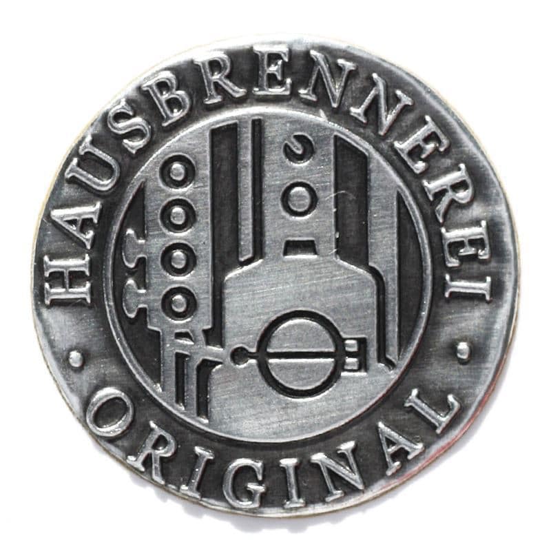 Pewter tag 'Home Distilling', round, metal, silver