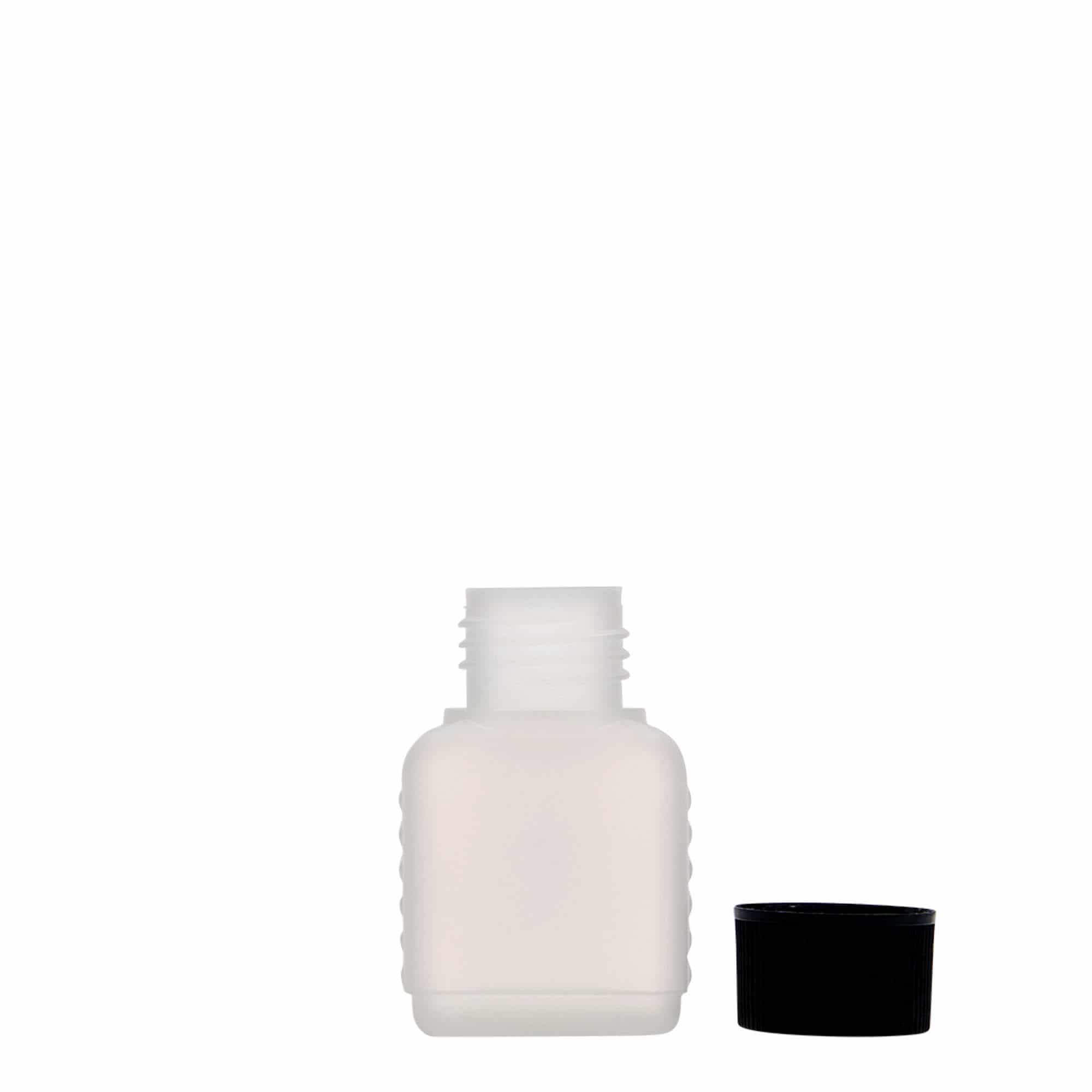 50 ml canister bottle, rectangular, HDPE plastic, natural, closure: DIN 25