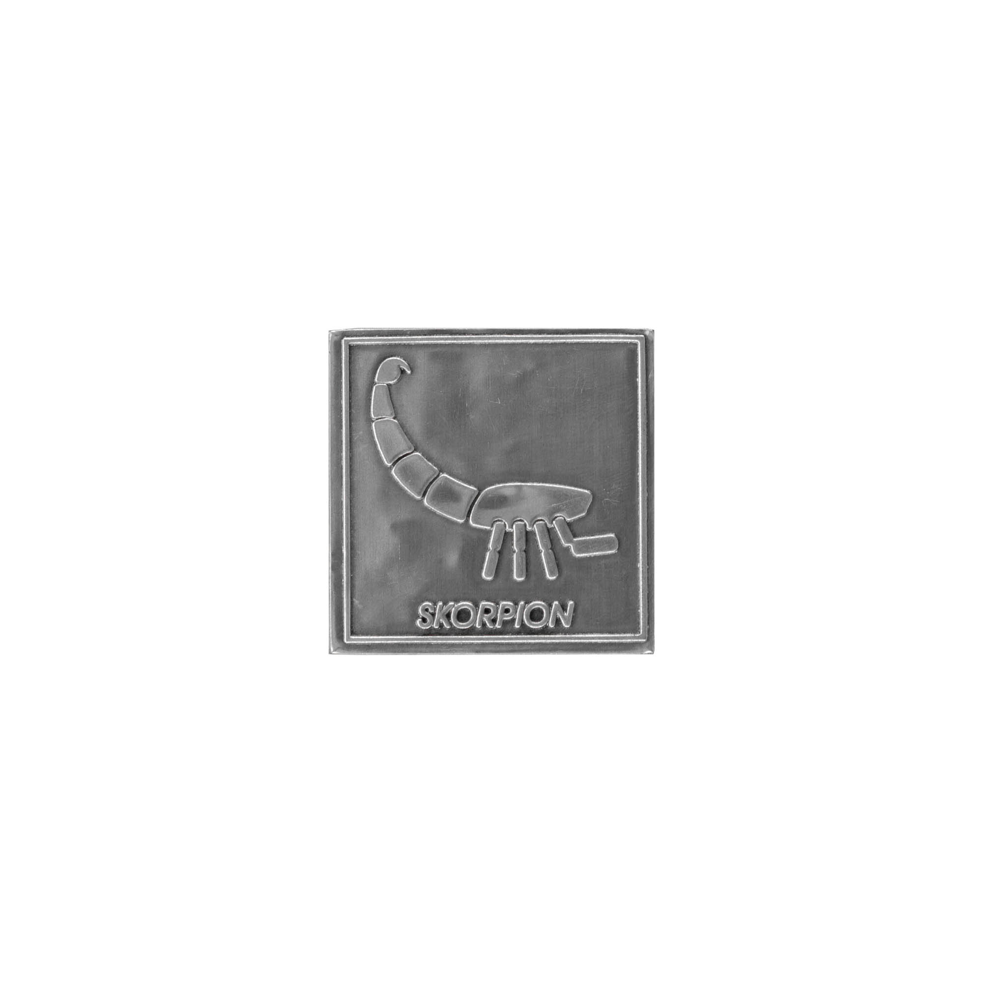 Tin label 'Scorpion', square, metal, silver Tin label 'Scorpion', square, metal, silver
