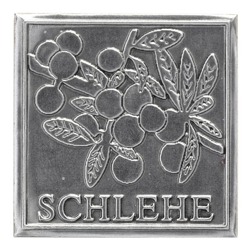 Tin label 'Sloe', square, metal, silver Tin label 'Sloe', square, metal, silver