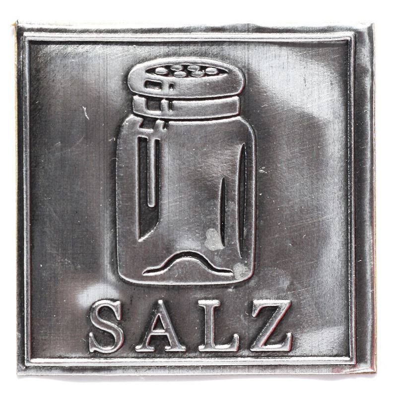 Pewter tag 'Salt', square, metal, silver