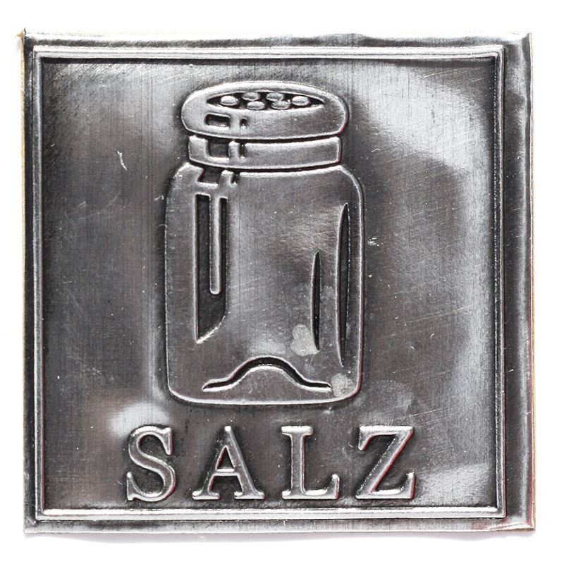 Tin label 'Salt', square, metal, silver Tin label 'Salt', square, metal, silver