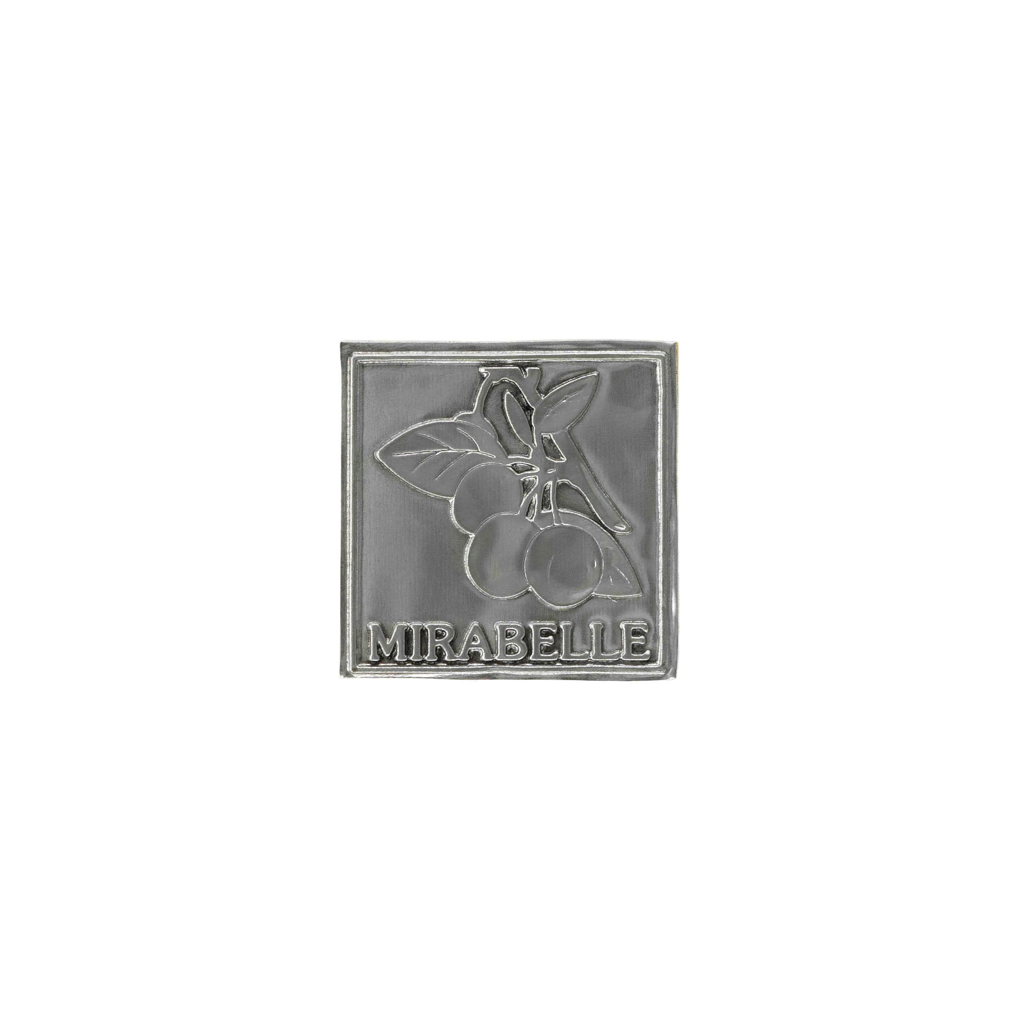Tin label 'Mirabelle', square, metal, silver