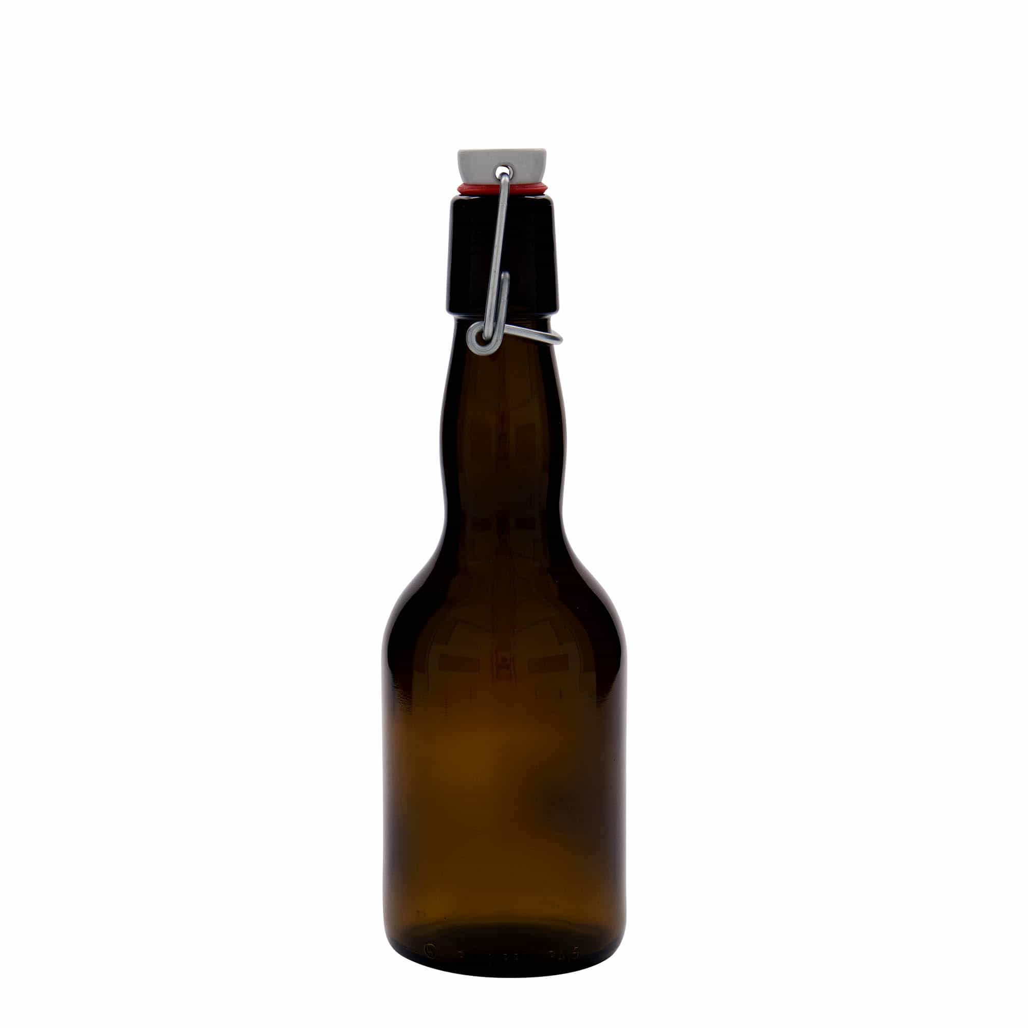 330 ml beer bottle with prunted neck, glass, brown, opening: swing top closure