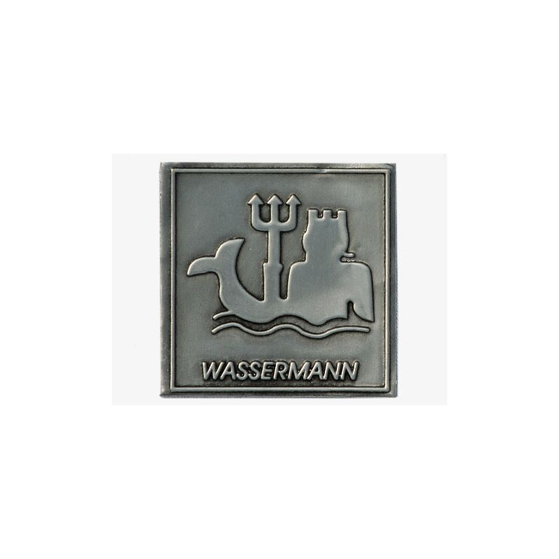Tin label 'Aquarius', square, metal, silver Tin label 'Aquarius', square, metal, silver