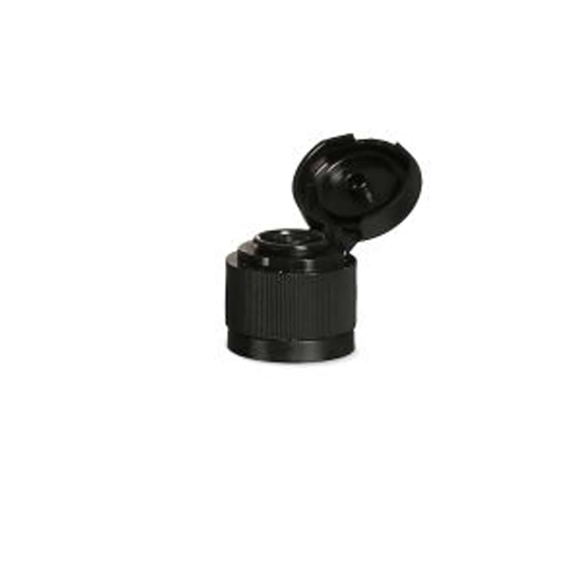 Screw cap with hinged flap, PP plastic, black, for opening: DIN 18