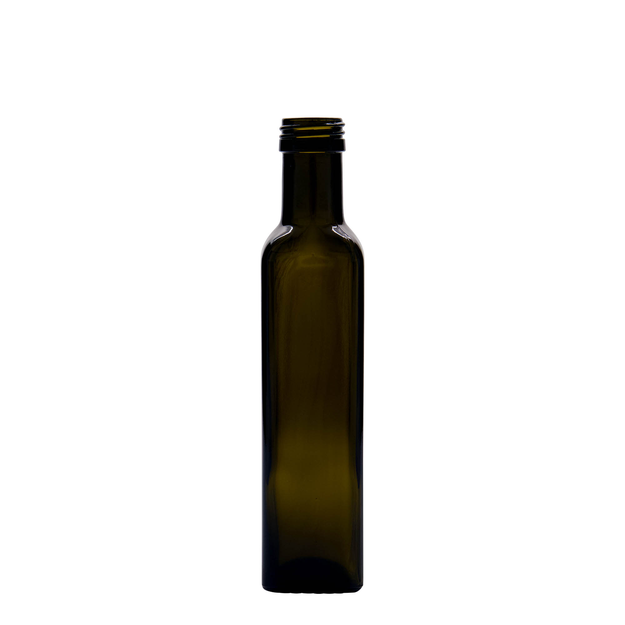250 ml glass bottle 'Marasca', square, antique green, opening: PP 31.5 250 ml glass bottle 'Marasca', square, antique green, opening: PP 31.5