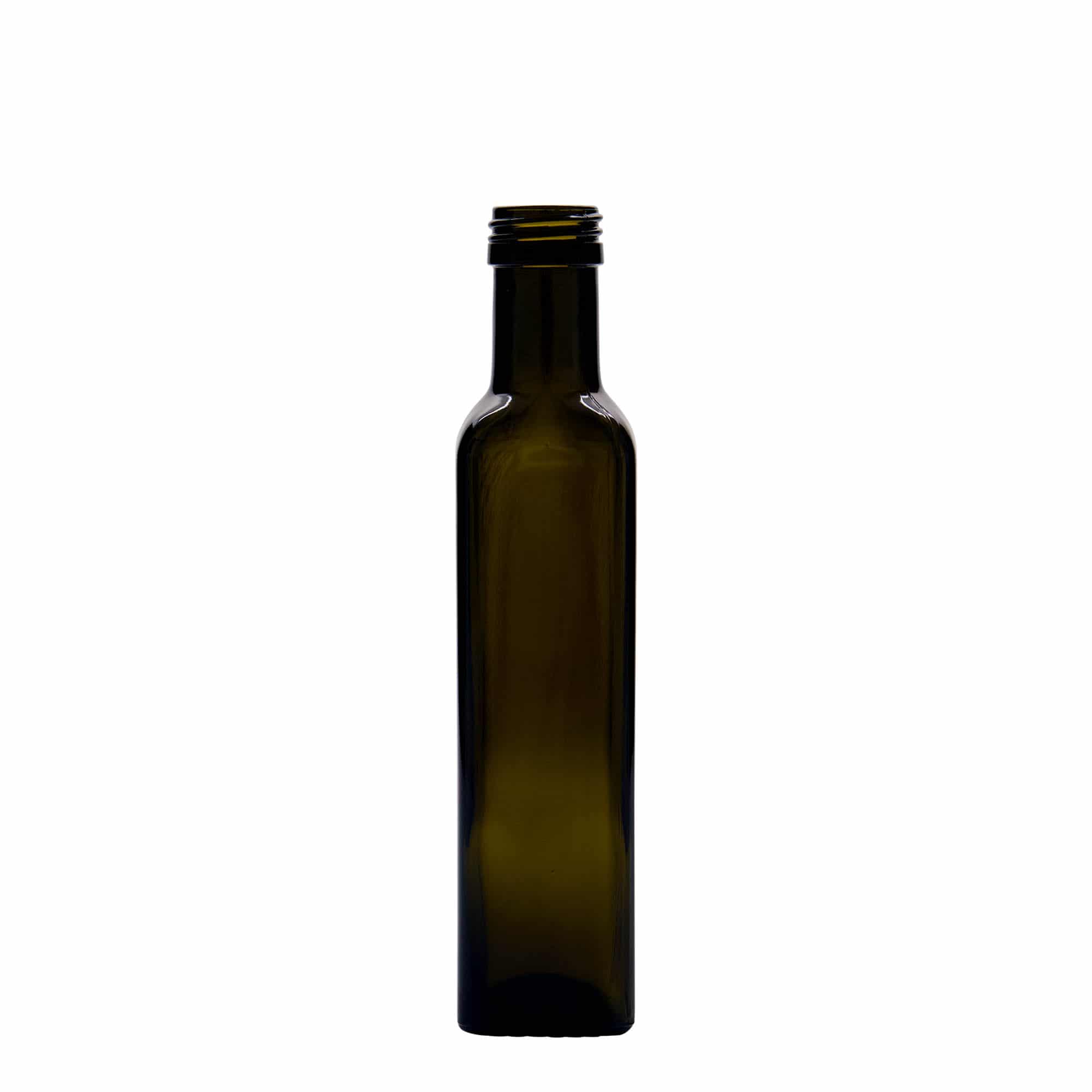 250 ml glass bottle ‘Marasca’, square, antique green, opening: PP 31.5