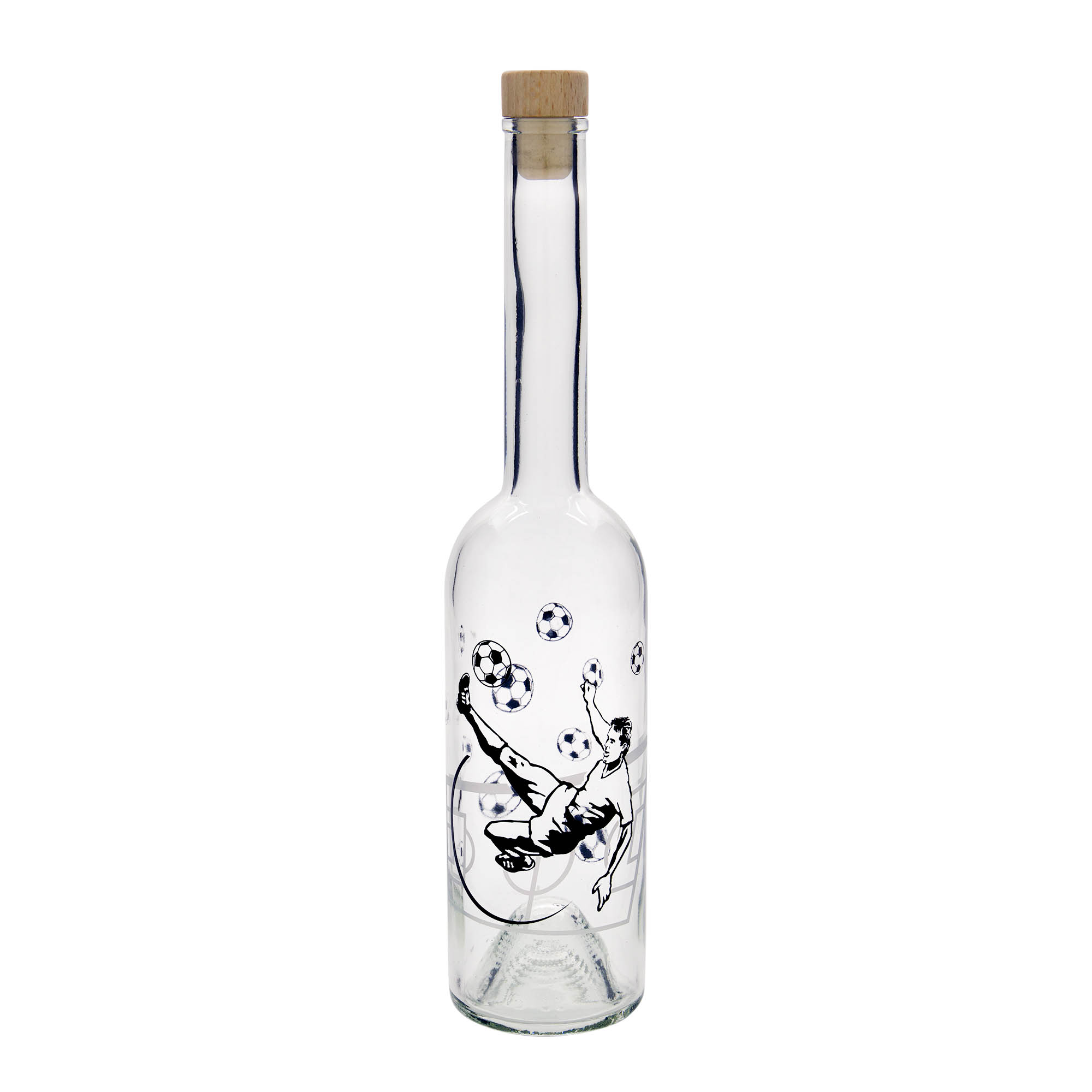 500 ml glass bottle ‘Opera’, motif: football player, opening: cork