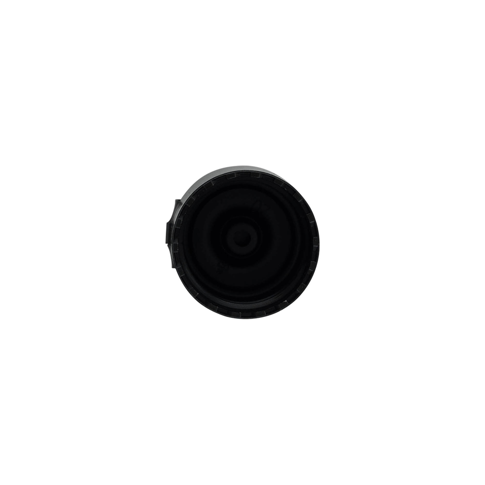 Screw cap with hinged flap, PP plastic, black, for opening: 24/410