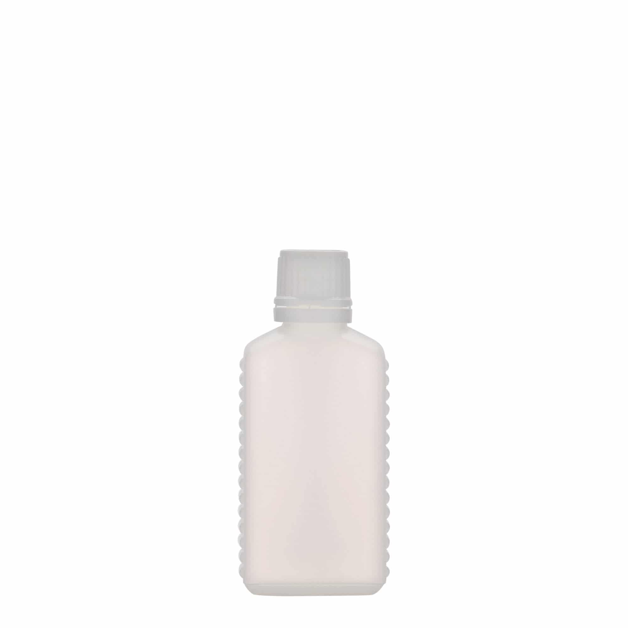 50 ml canister bottle, narrow neck, rectangular, HDPE plastic, natural, opening: DIN 18