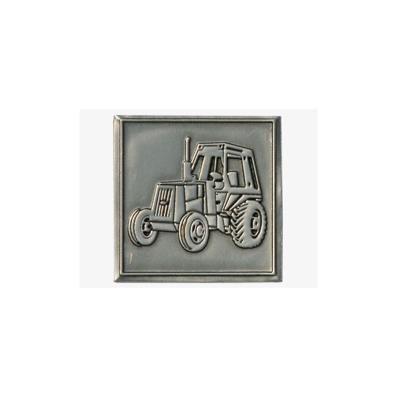 Tin label 'Tractor', square, metal, silver Tin label 'Tractor', square, metal, silver