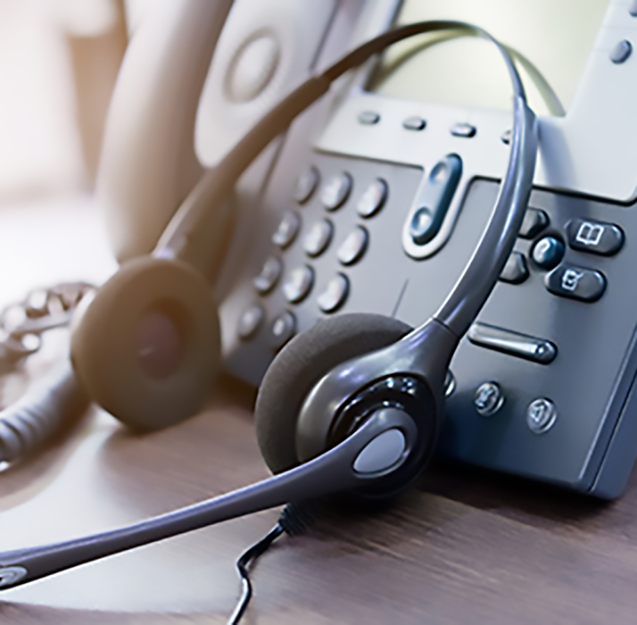 Contact customer service Customer service mood: telephone with headset leaning