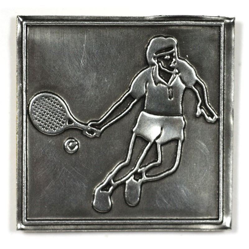 Tin label 'Tennis', square, metal, silver