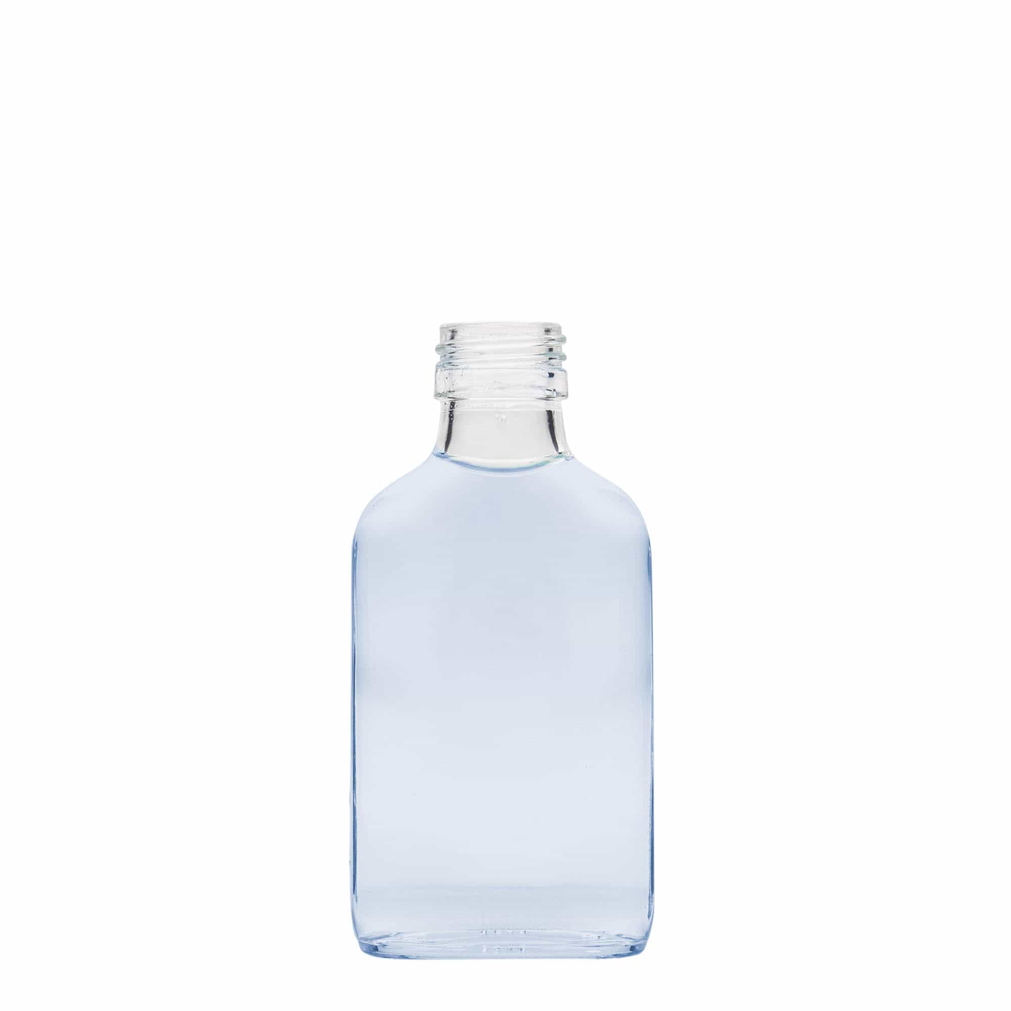 100 ml pocket flask bottle, rectangular, glass, closure: PP 28