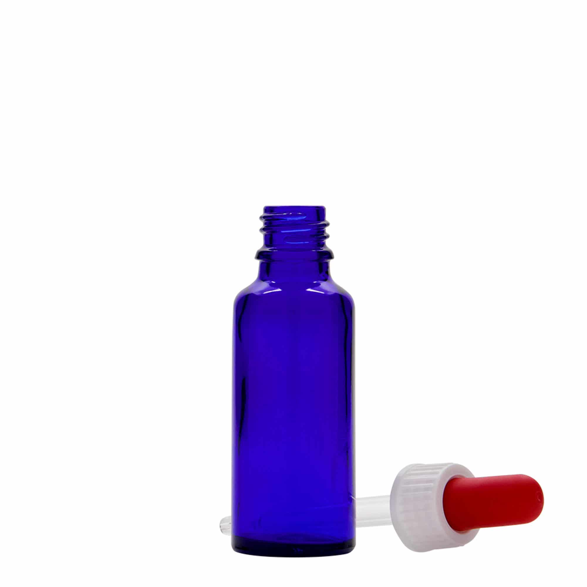 30 ml medicine pipette bottle, glass, royal blue/red, closure: DIN 18