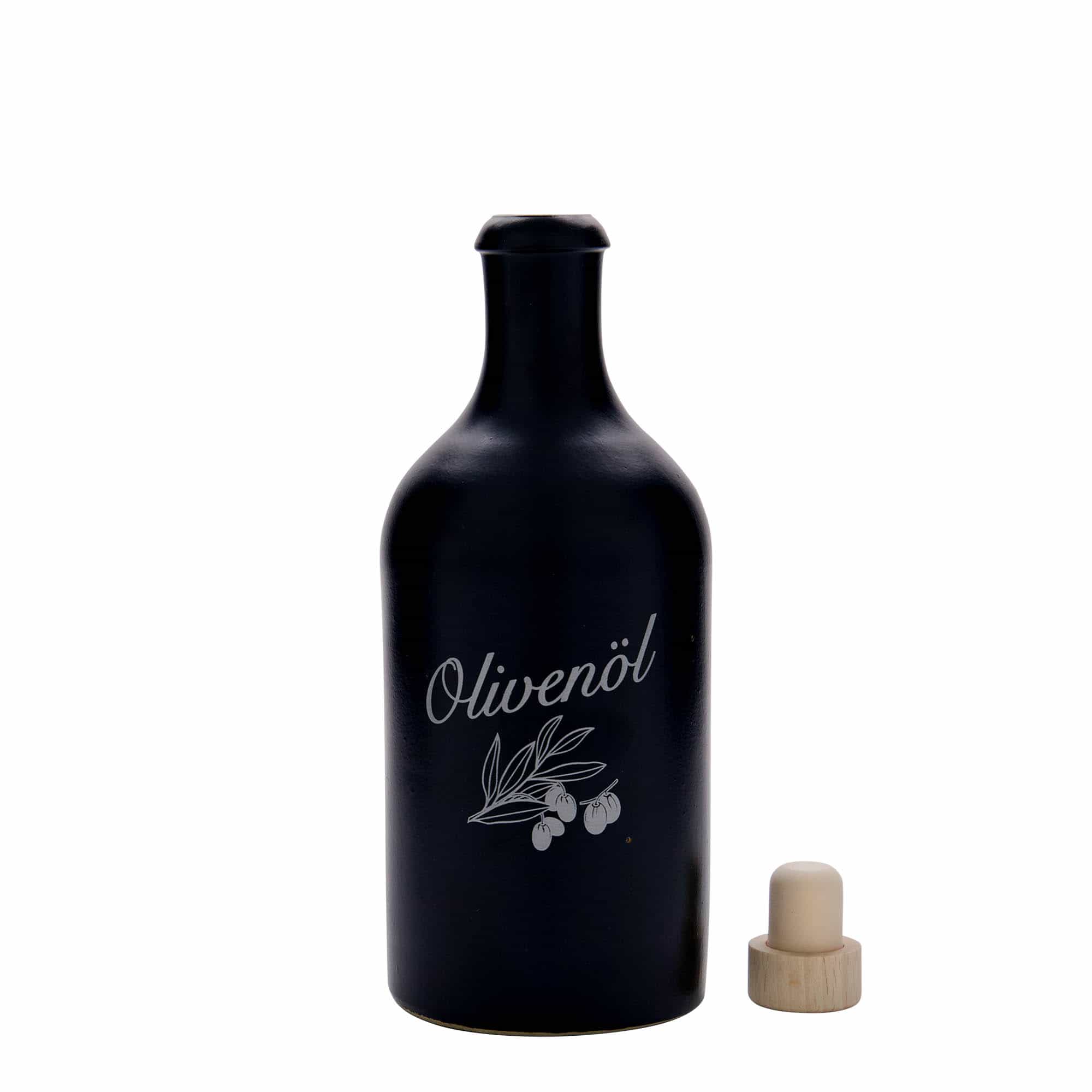 500 ml earthen jug, print: olive oil, stoneware, black, closure: cork