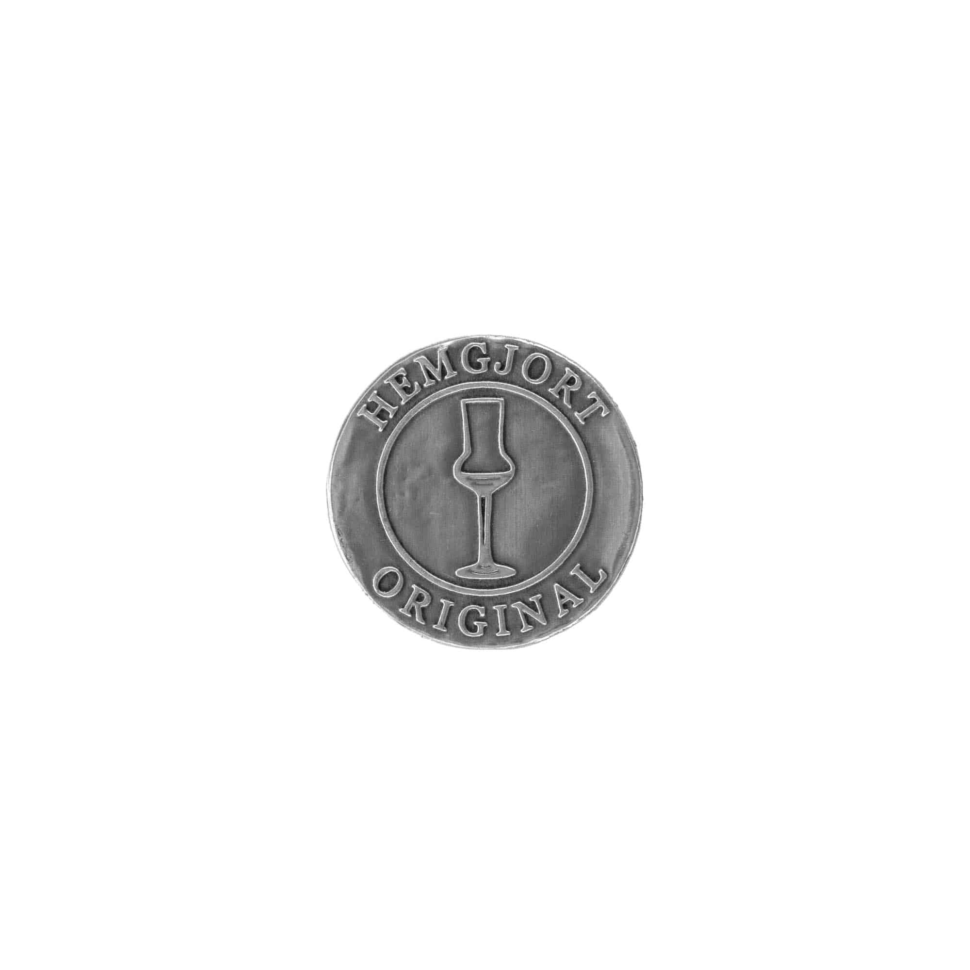 Tin label ‘Hemgjort Original’, round, metal, silver