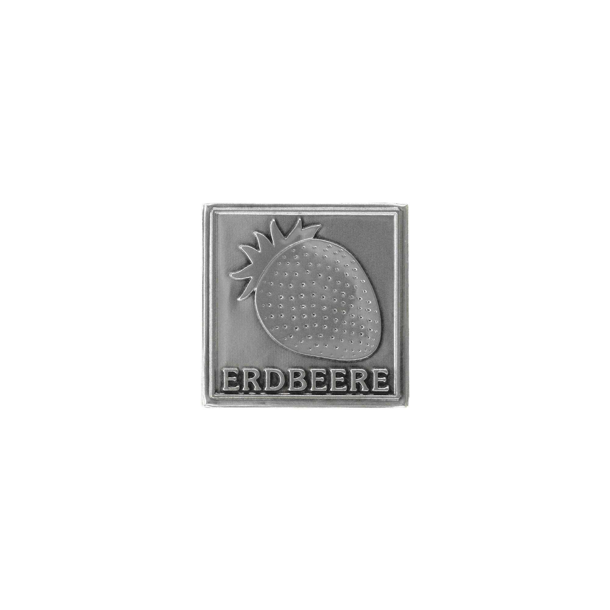 Tin label 'Strawberry', square, metal, silver
