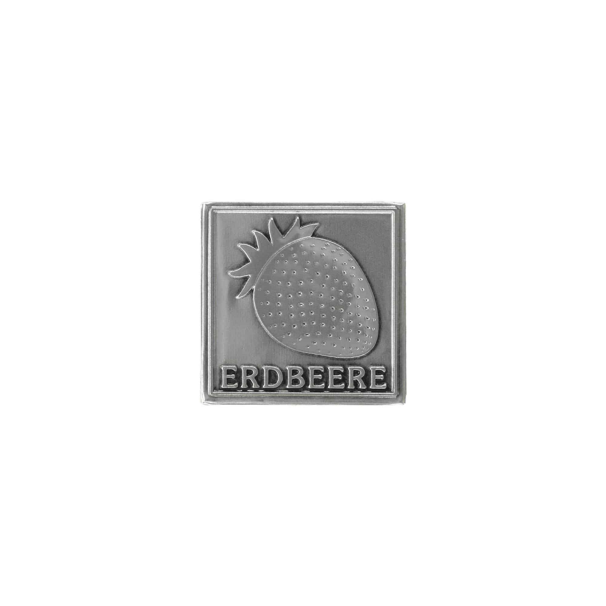 Tin label 'Strawberry', square, metal, silver