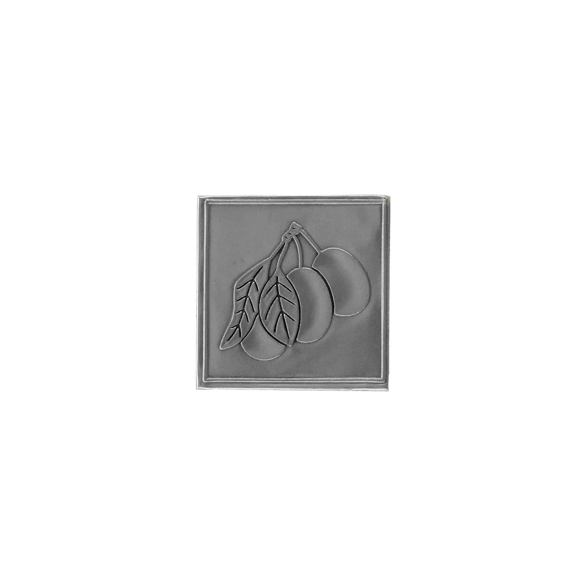 Tin label 'Plum', square, metal, silver
