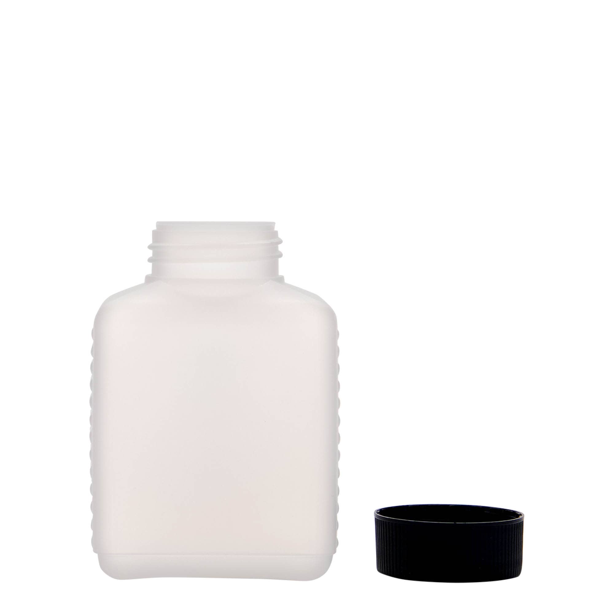 250 ml wide-neck bottle, rectangular, HDPE plastic, natural, opening: DIN 40 EPE 250 ml wide-neck bottle, rectangular, HDPE plastic, natural, opening: DIN 40 EPE