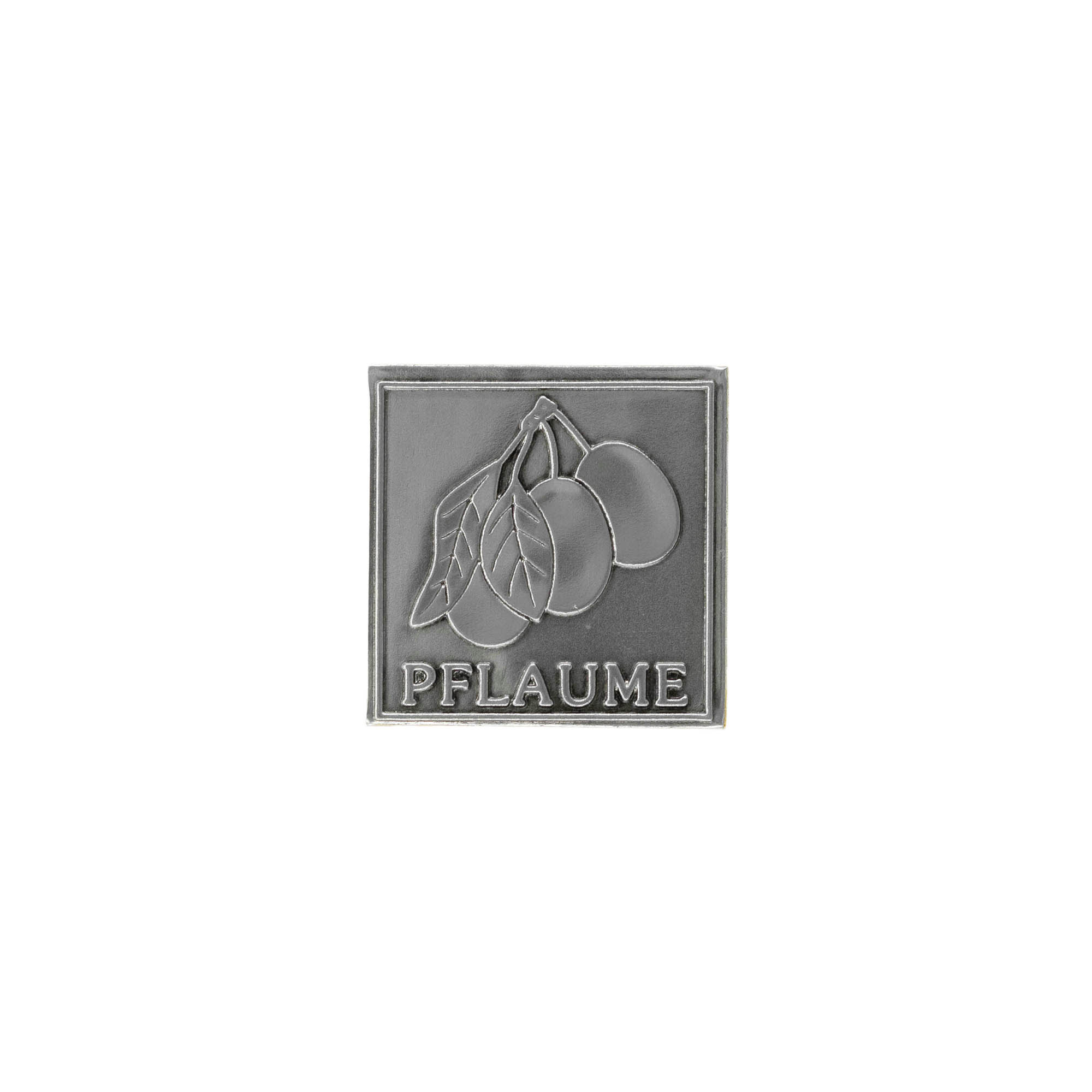 Tin label 'Plum', square, metal, silver Tin label 'Plum', square, metal, silver