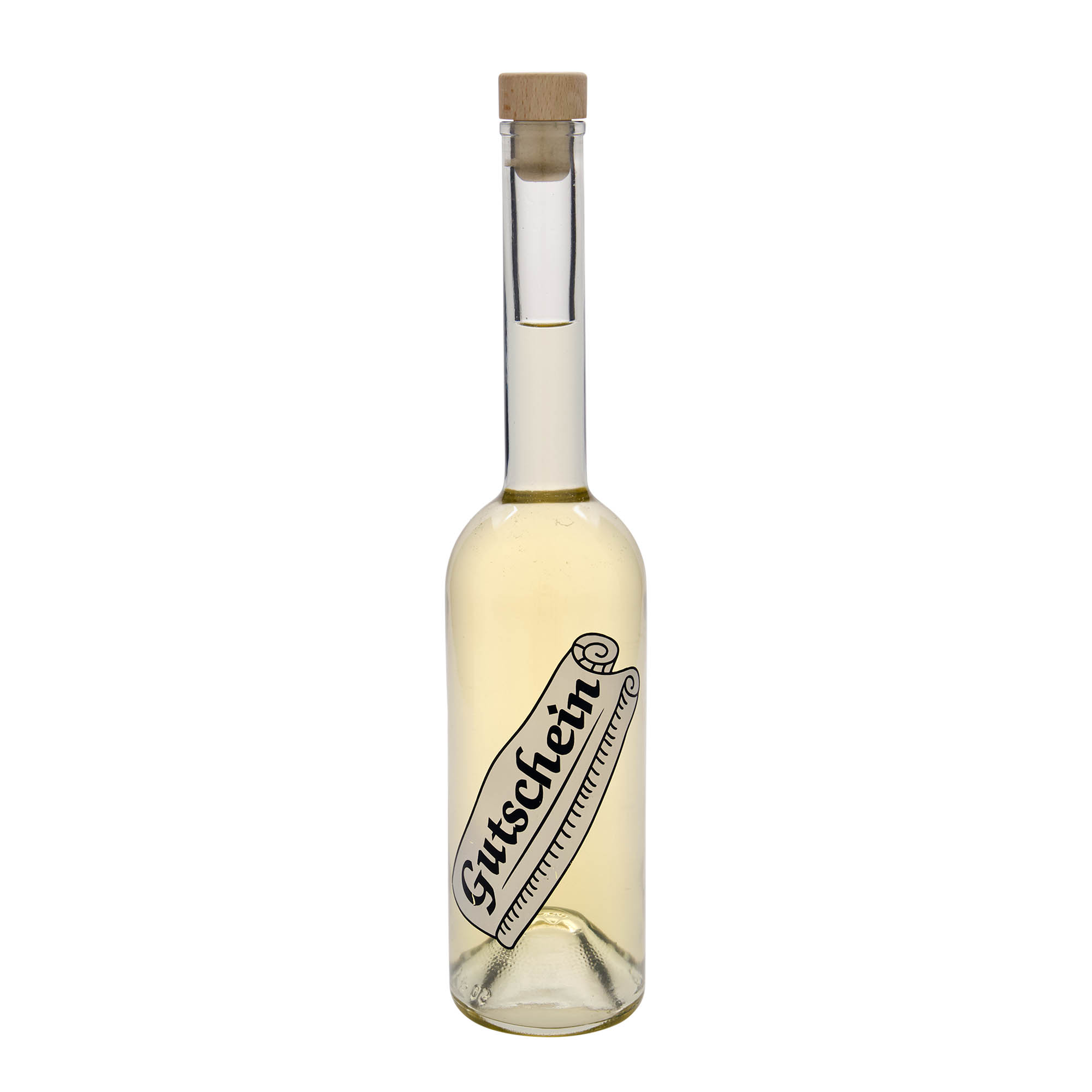 500 ml glass bottle ‘Opera’, design: voucher, opening: cork
