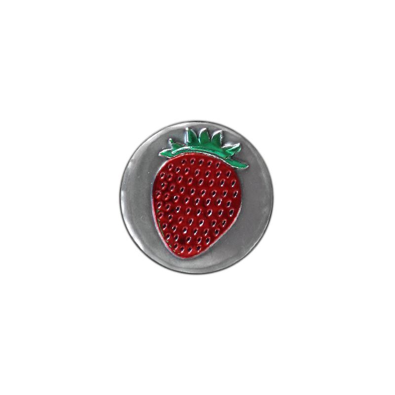 Tin label 'Strawberry', round, metal, silver Tin label 'Strawberry', round, metal, silver