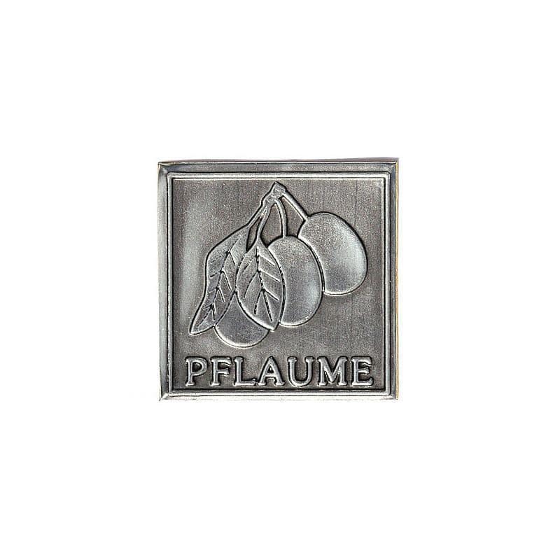 Pewter tag 'Plum', square, metal, silver