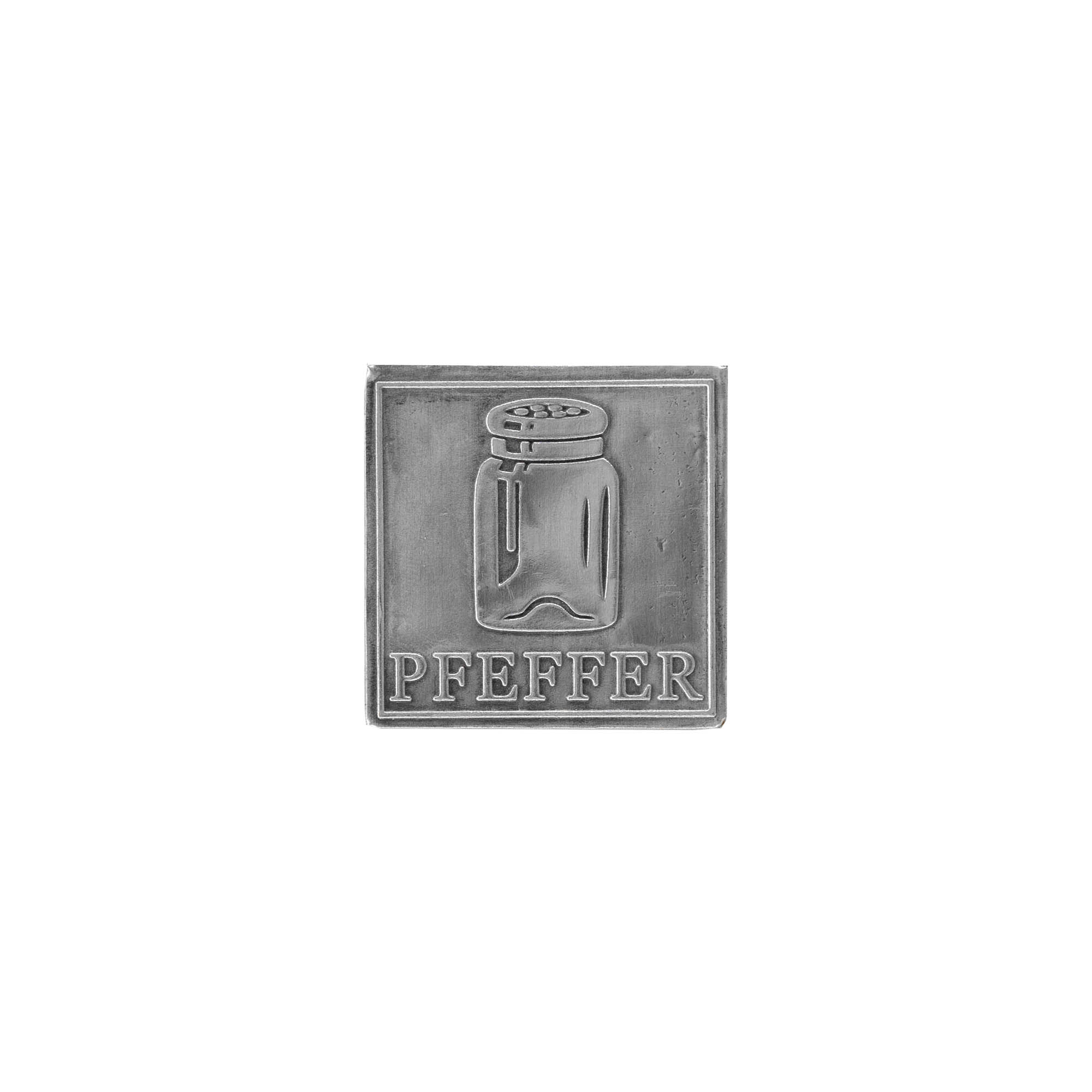 Tin label 'Pepper', square, metal, silver Tin label 'Pepper', square, metal, silver