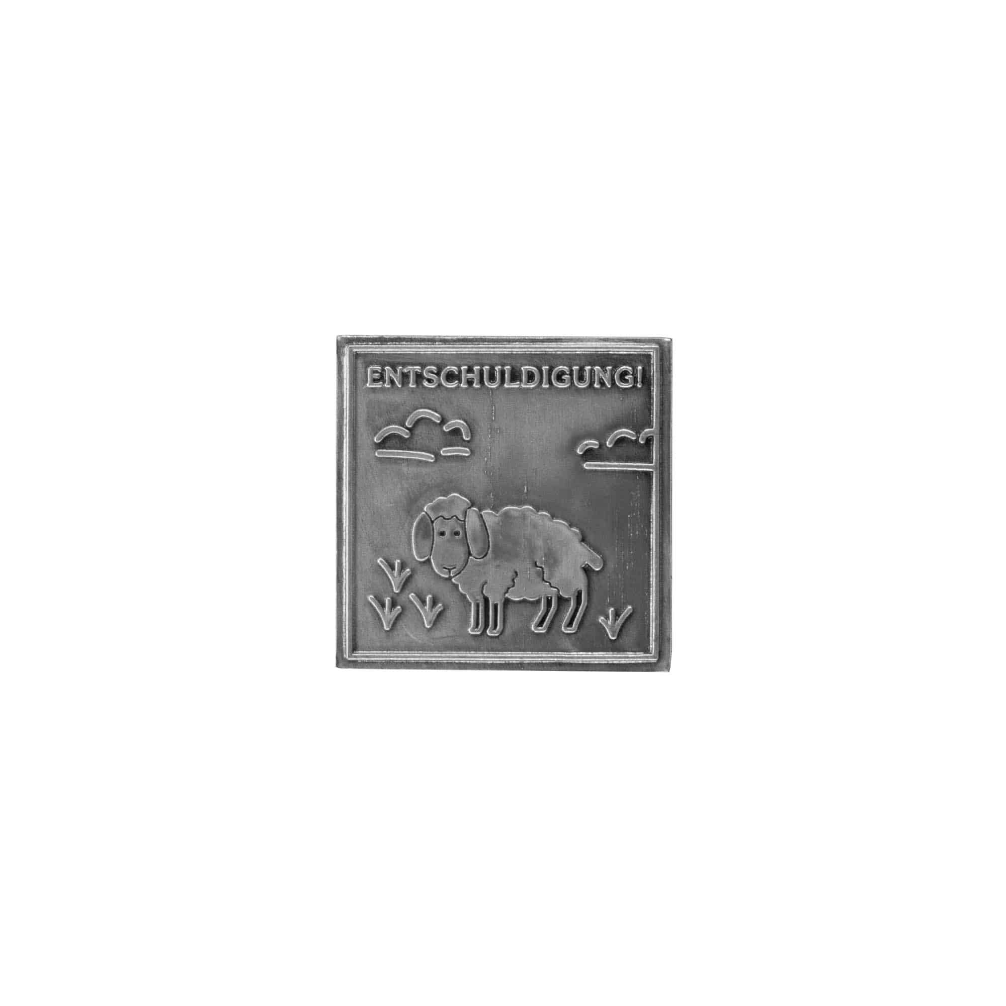 Tin label ‘Sorry’, square, metal, silver